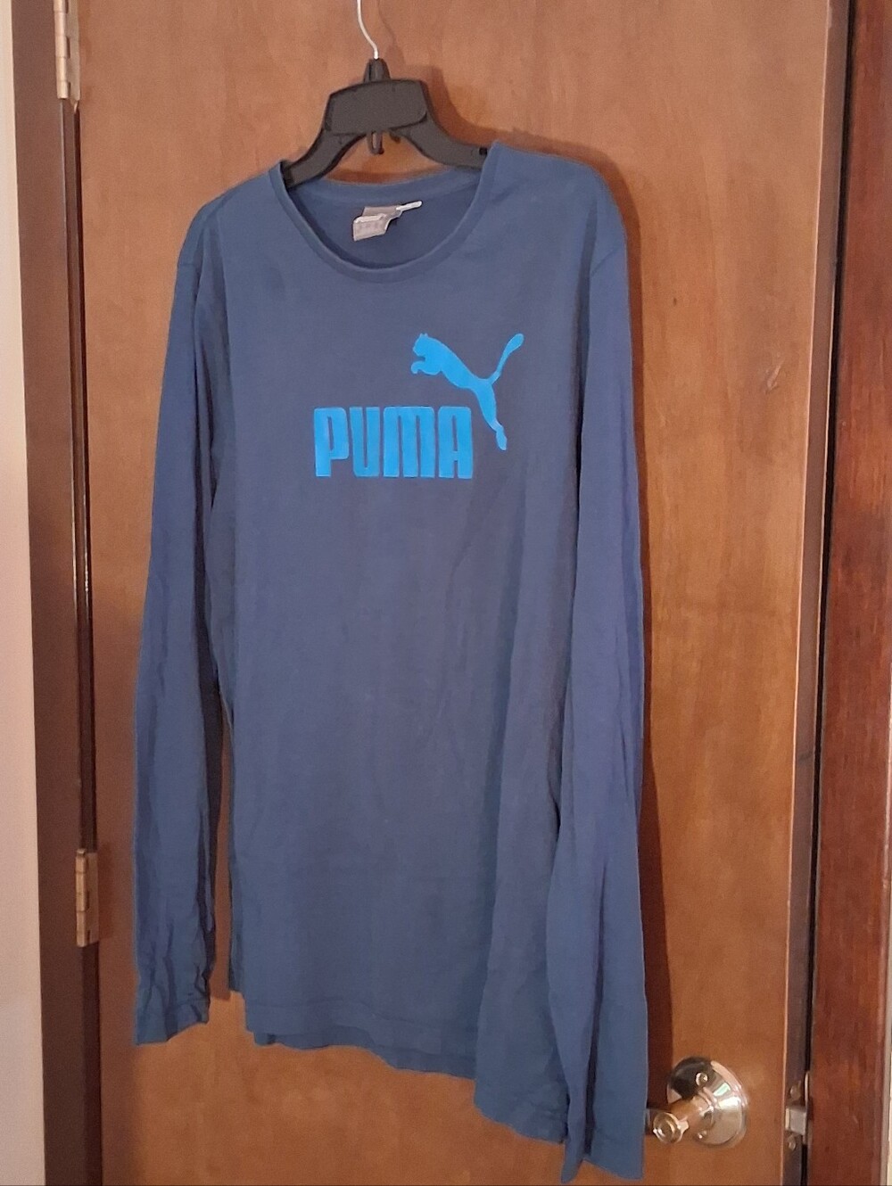 PUMA Men’s Large Blue Long Sleeve T-Shirt Big Logo Spellout 100% Cotton